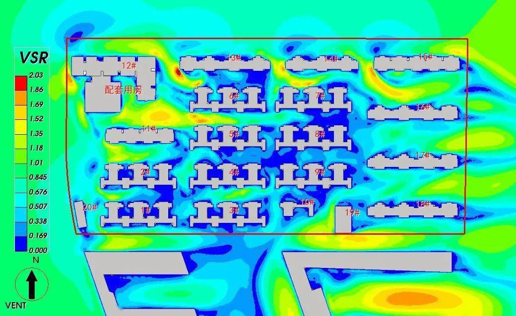 室外風環境模擬分析彩圖:項目整體通風效果均勻良好,基本無渦流形成