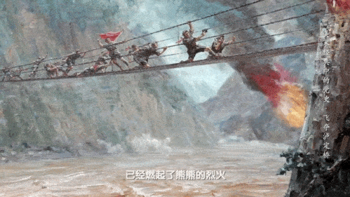 红军也在进行有力的还击,岸上岩石后的火光,是红军将士压制敌人的密集