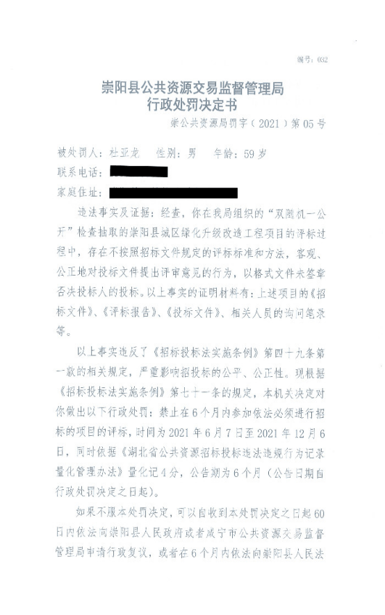 关于对评标专家杜亚龙的行政处罚决定