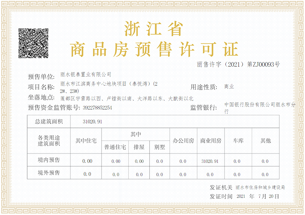 毛坯均價21480元㎡裝修單價2500元㎡麗水銀泰公寓預售證公示