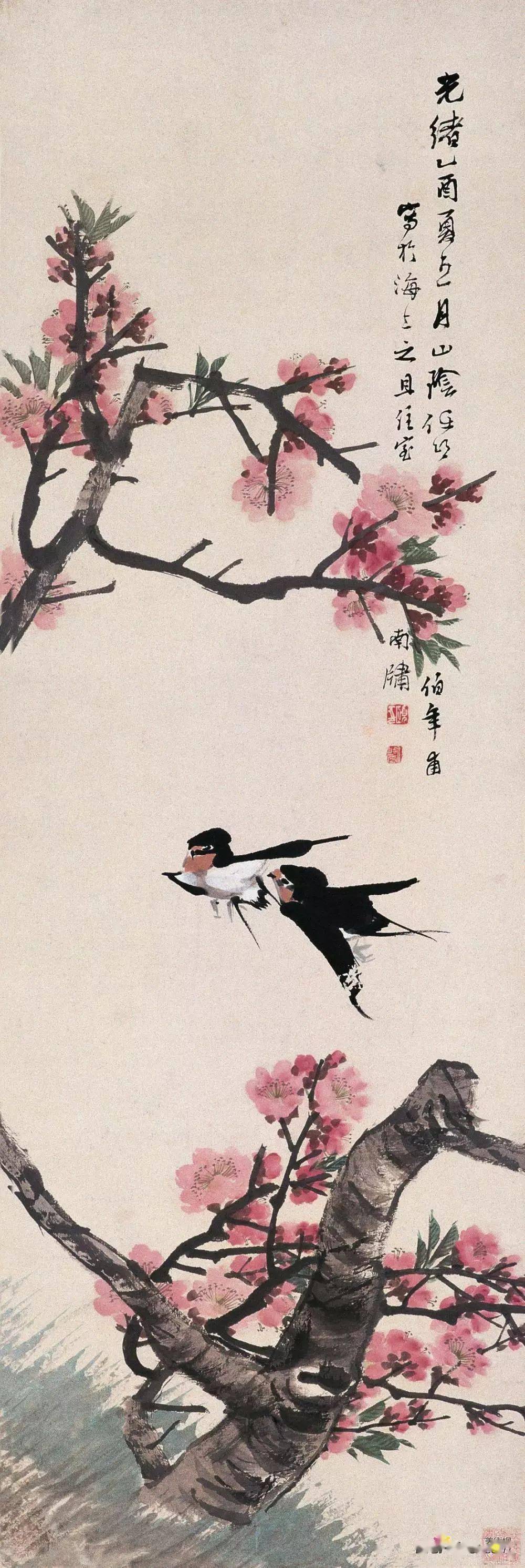 3×281厘米《芍药小鸟》 任伯年 1874年 23.5×51.