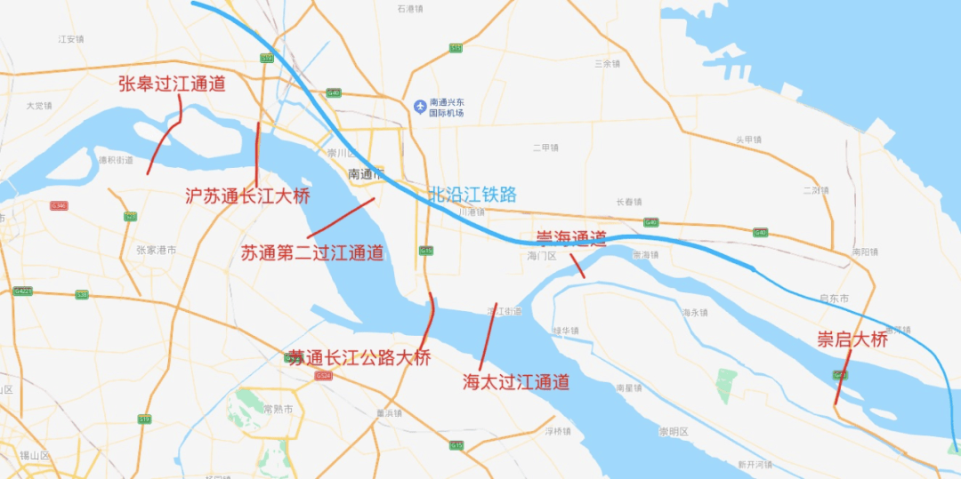 由图可见,除已建成的苏通长江公路大桥,崇启大桥,沪苏通长江大桥,还有