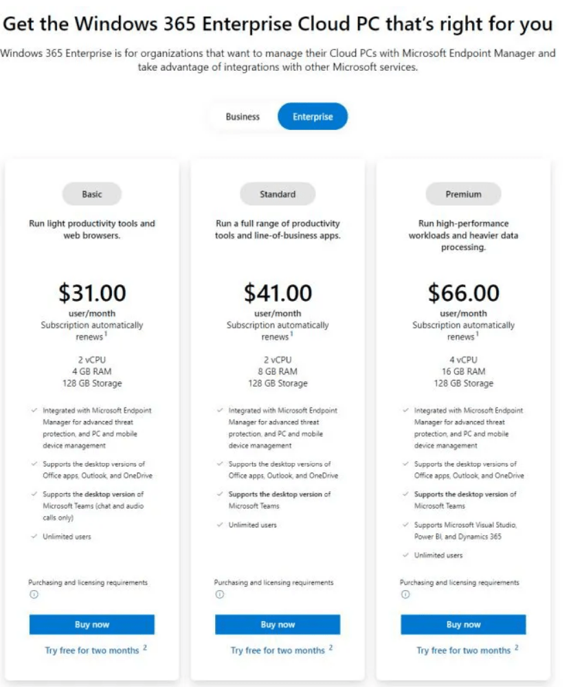 微软 Windows 365 云电脑价格正式公布：企业版每月费用158美元