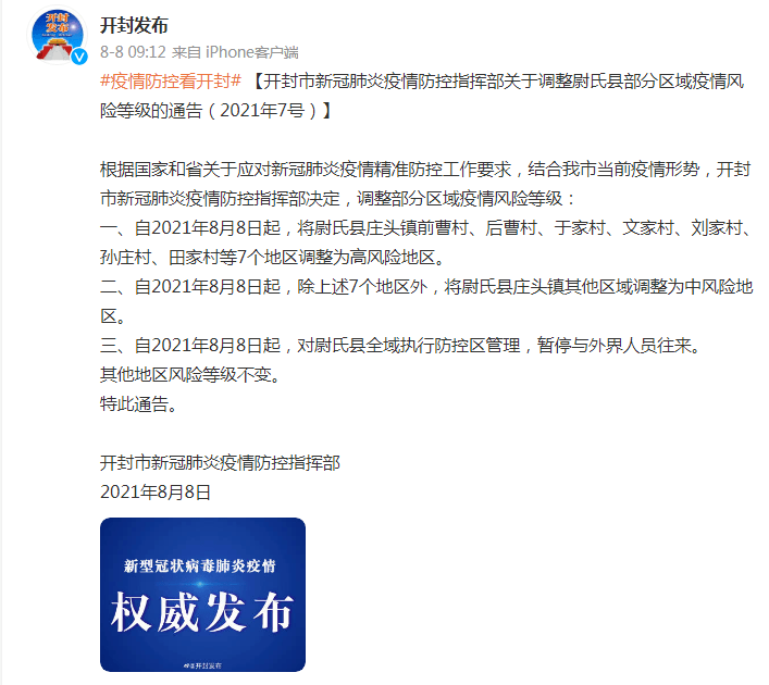 開封發佈7號通告:7個地區調整為高風險地區