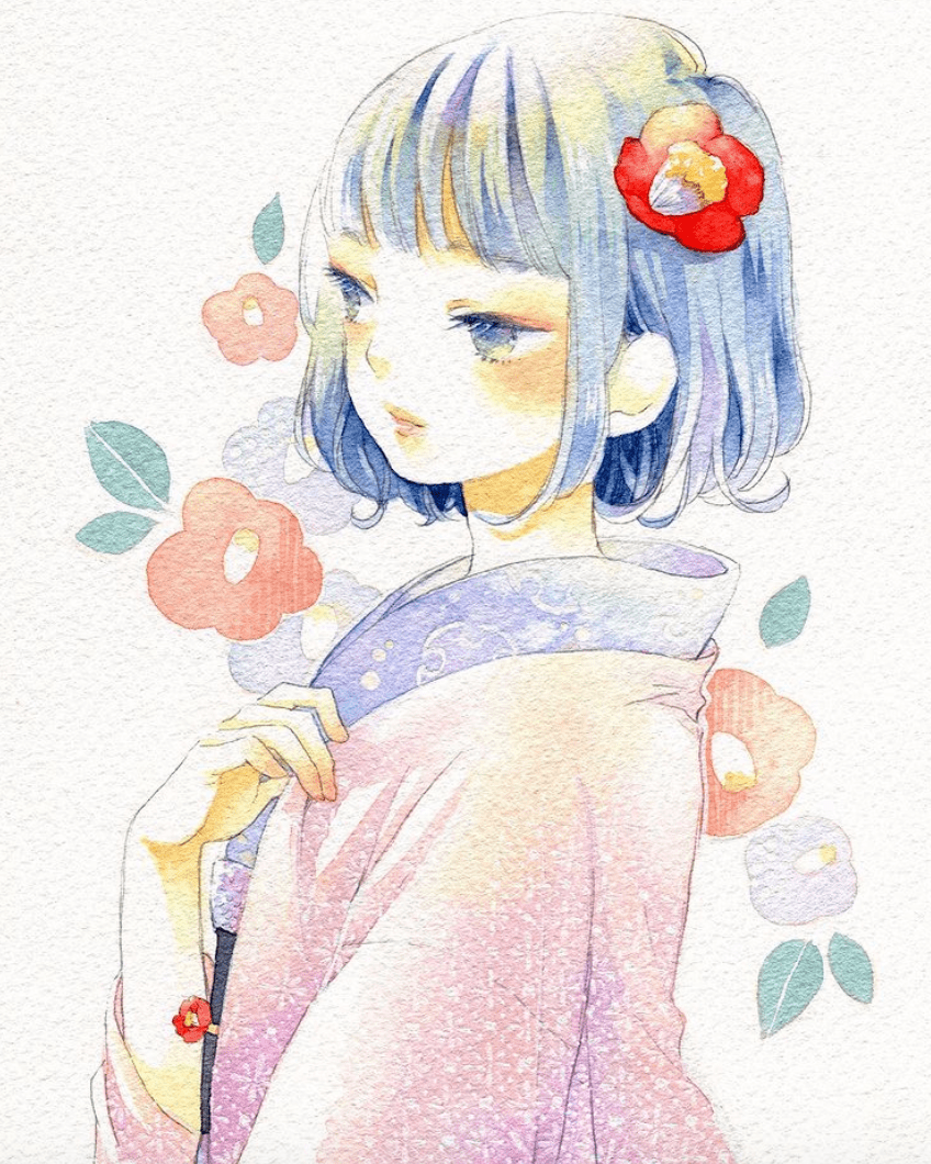 这花与和服女孩水彩,画的太有感染力了!