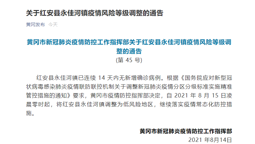 据黄冈发布微信公众号消息,湖北红安县永佳河镇自8月15日0时起调整