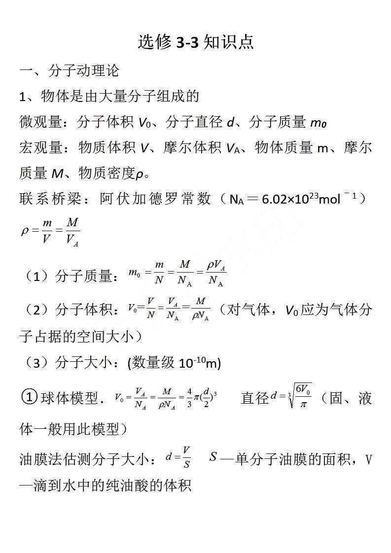 高中物理选修3-3知识点汇总