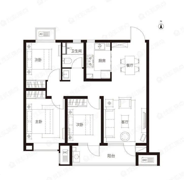 长安金茂悦 建筑面积约96㎡三室两厅一卫户型图