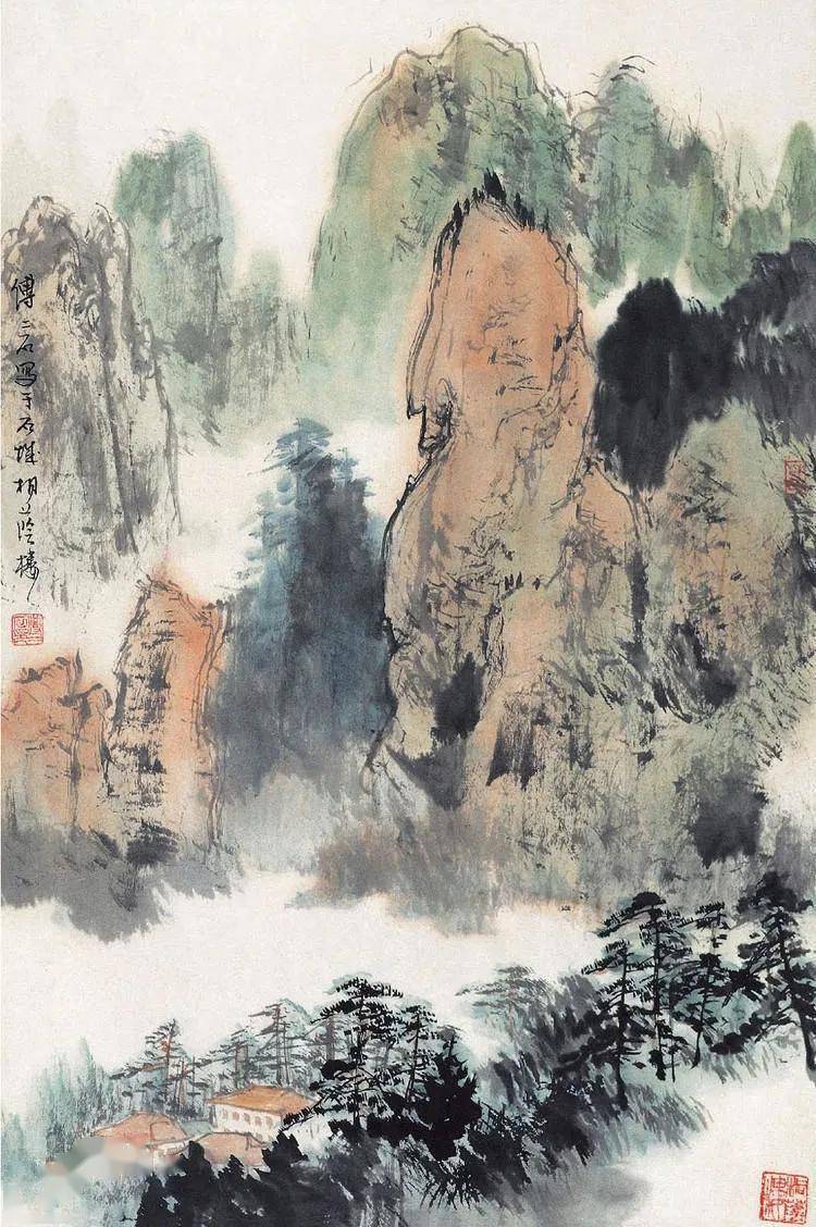 傅二石山水画欣赏傅二石具有十分高超的用墨技巧,他的山水画中,墨色多