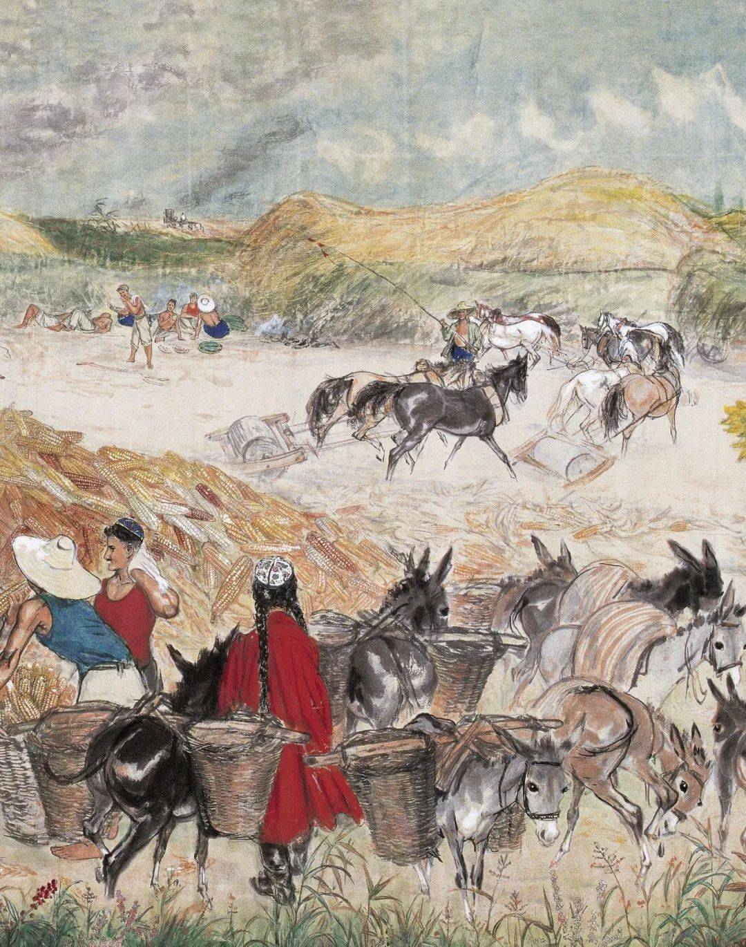 场景宏大,视野开阔,描绘塑造组织34个人物形象,12匹马,11头驴及1头牛