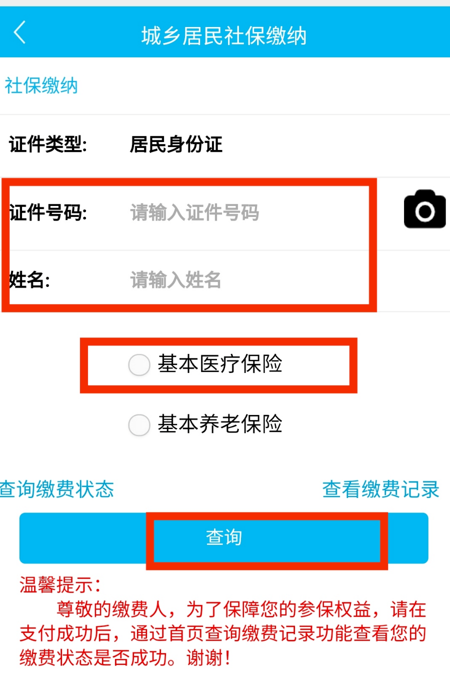 依次输入缴费人身份证号码和姓名,选择基本医疗保险或基本养老保险
