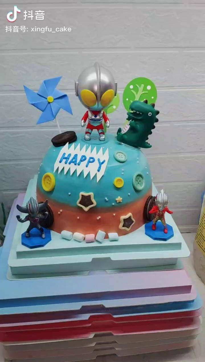 奥特曼打小怪兽伊滨区男孩蛋糕生日快乐奥特曼蛋糕卡通蛋糕