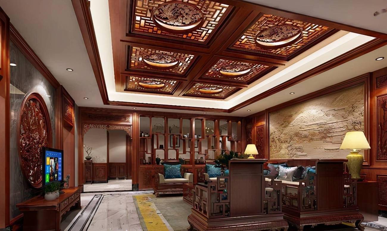 在天花板红木线条和吊灯的修饰之中,餐厅对称格局中更有主次分明的