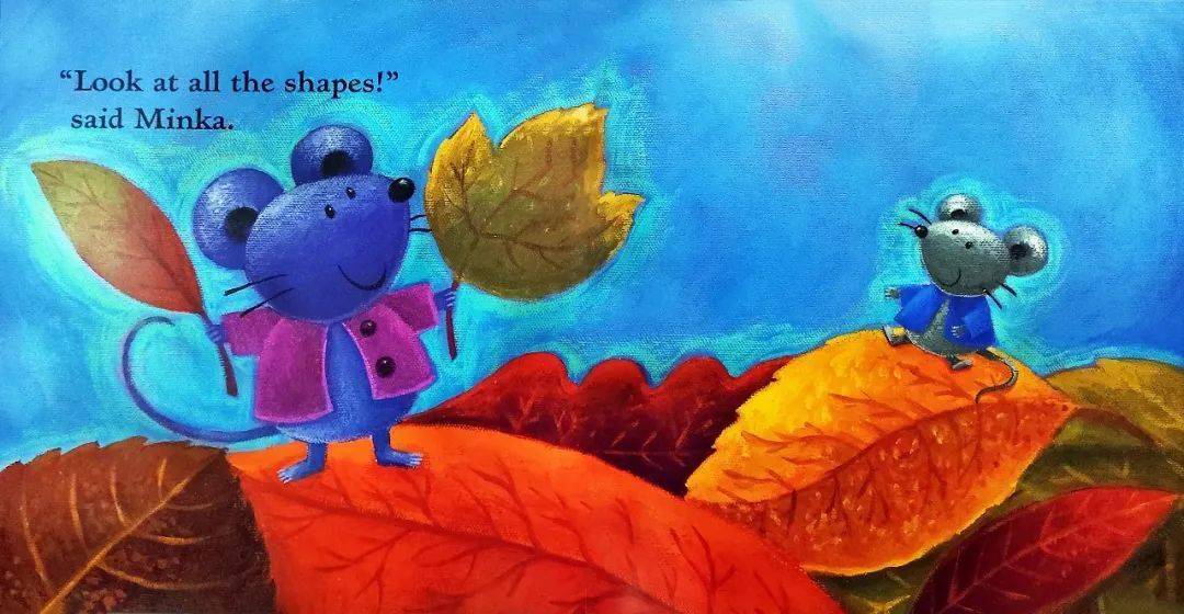 小老鼠和好朋友看到了各种颜色和形状的落叶