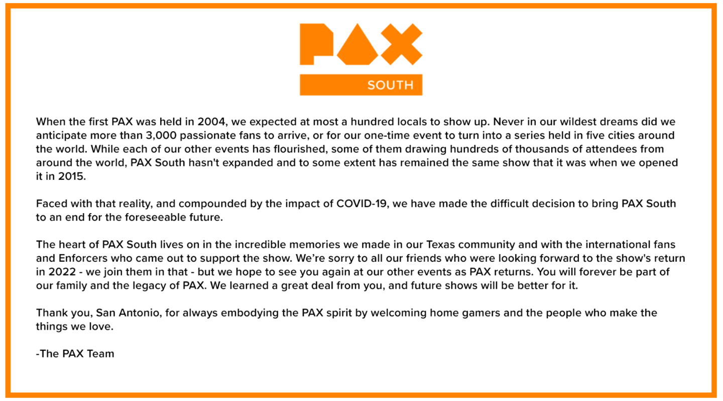 疫情|PAX South 游戏展宣布无限期取消：疫情影响 + 运营状况不佳