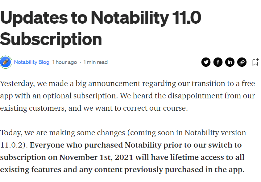 版本更新|Notability 妥协：11 月 1 日前购买的用户可继续享受终身使用权