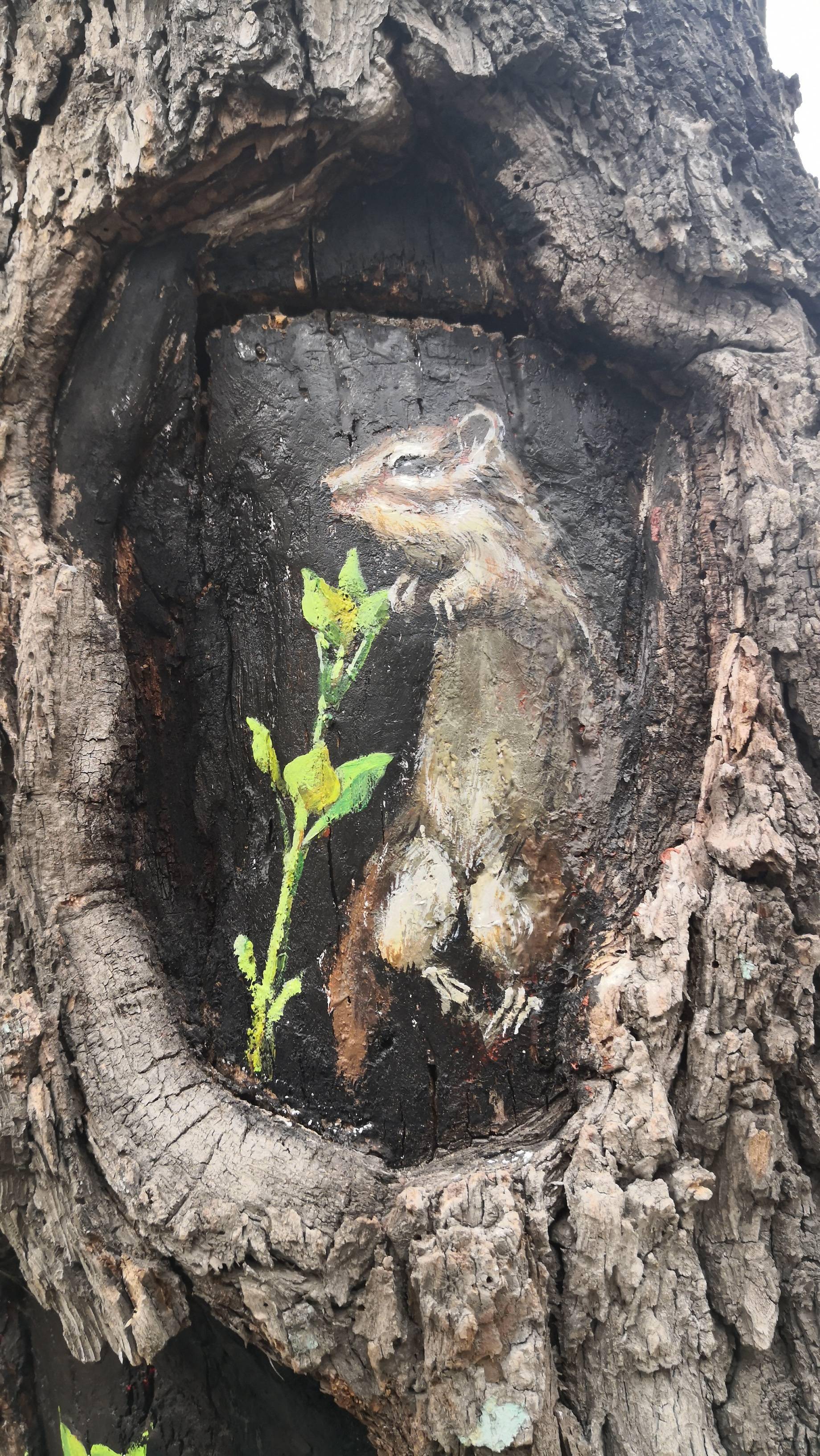 树洞立体彩绘扮靓开放式公园,可爱的小动物栩栩如生_道里区