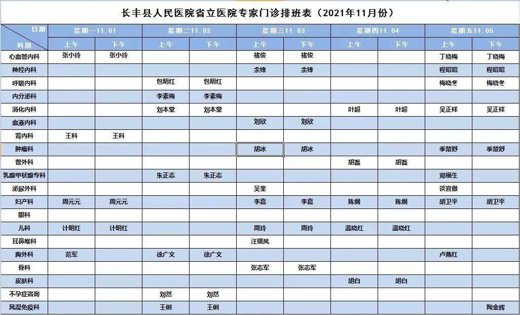 各科室,专家坐诊表请收好,排班表(11月份)发布,长丰分院长丰县中医院