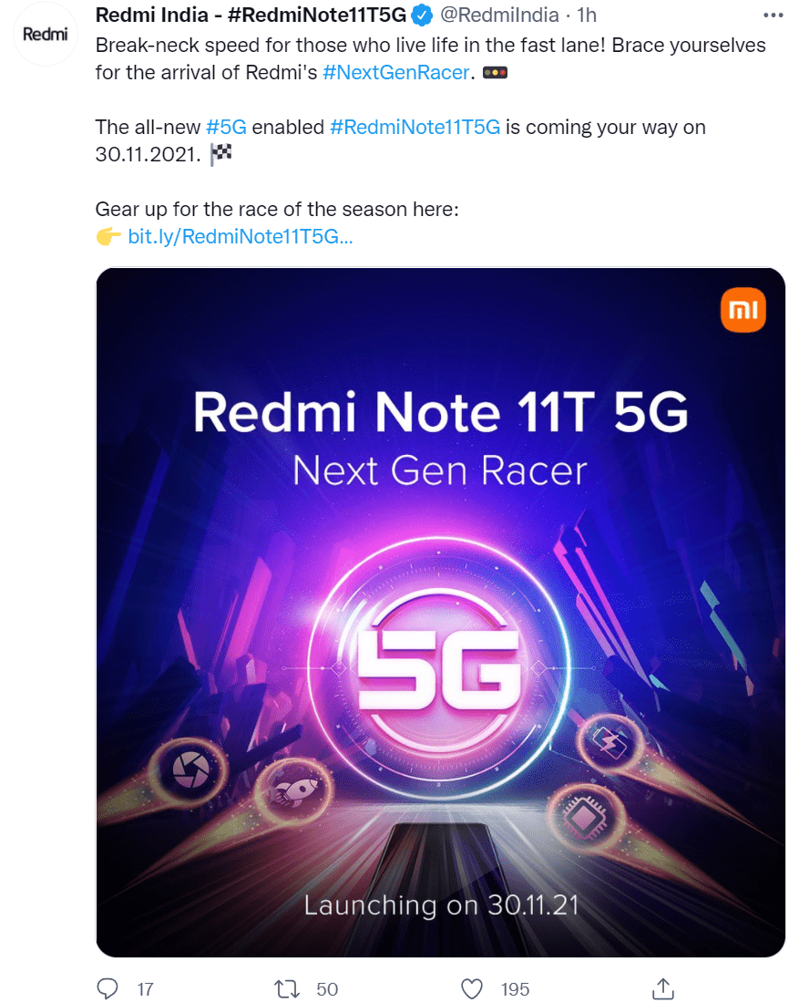 Redmi Note 11T 5G 官宣：将于 11 月 30 日在印度推出