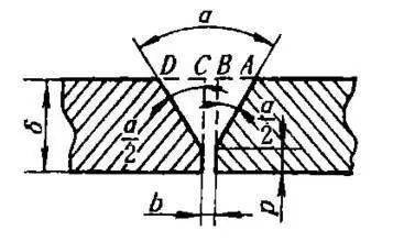 如下图所示带钝边v形坡口焊缝,坡口角度为α,间隙为b,钝边为p,根据解