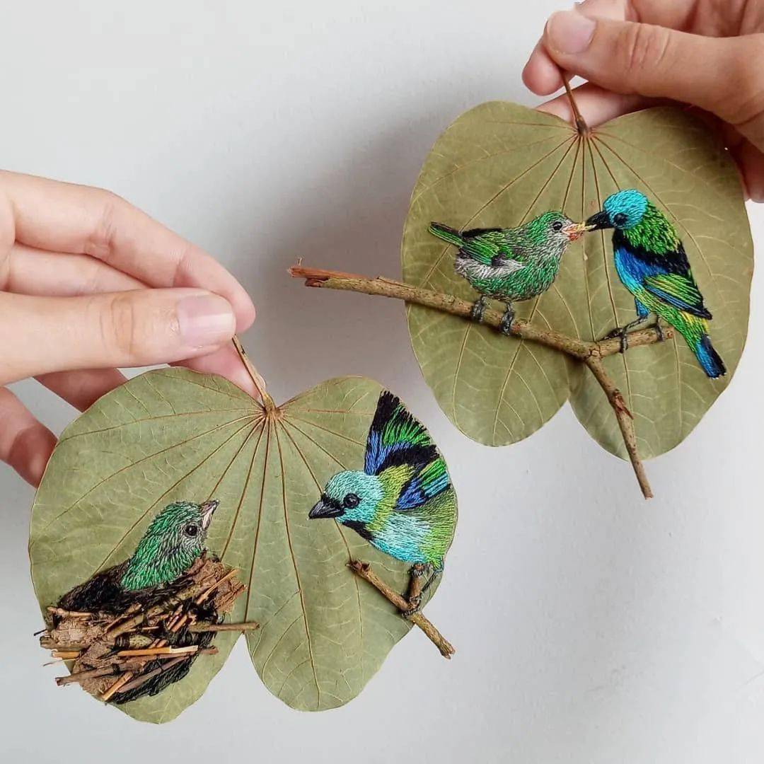 在干枯的树叶上刺绣上百种小鸟西班牙女艺术家这技艺简直太惊艳太治愈
