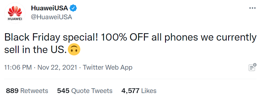 黑色星期五将至，华为官方调侃：所有美国在售手机享100%折扣