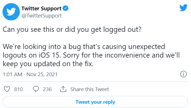 Twitter iOS 版出现 Bug，随机注销用户登录：官方称将尽快修复