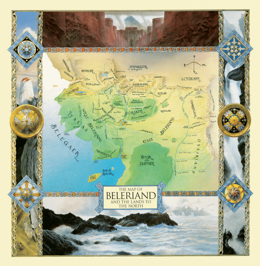 约翰·豪出色再现了托尔金的精灵纹章,使其成为地图装饰边框的一部分