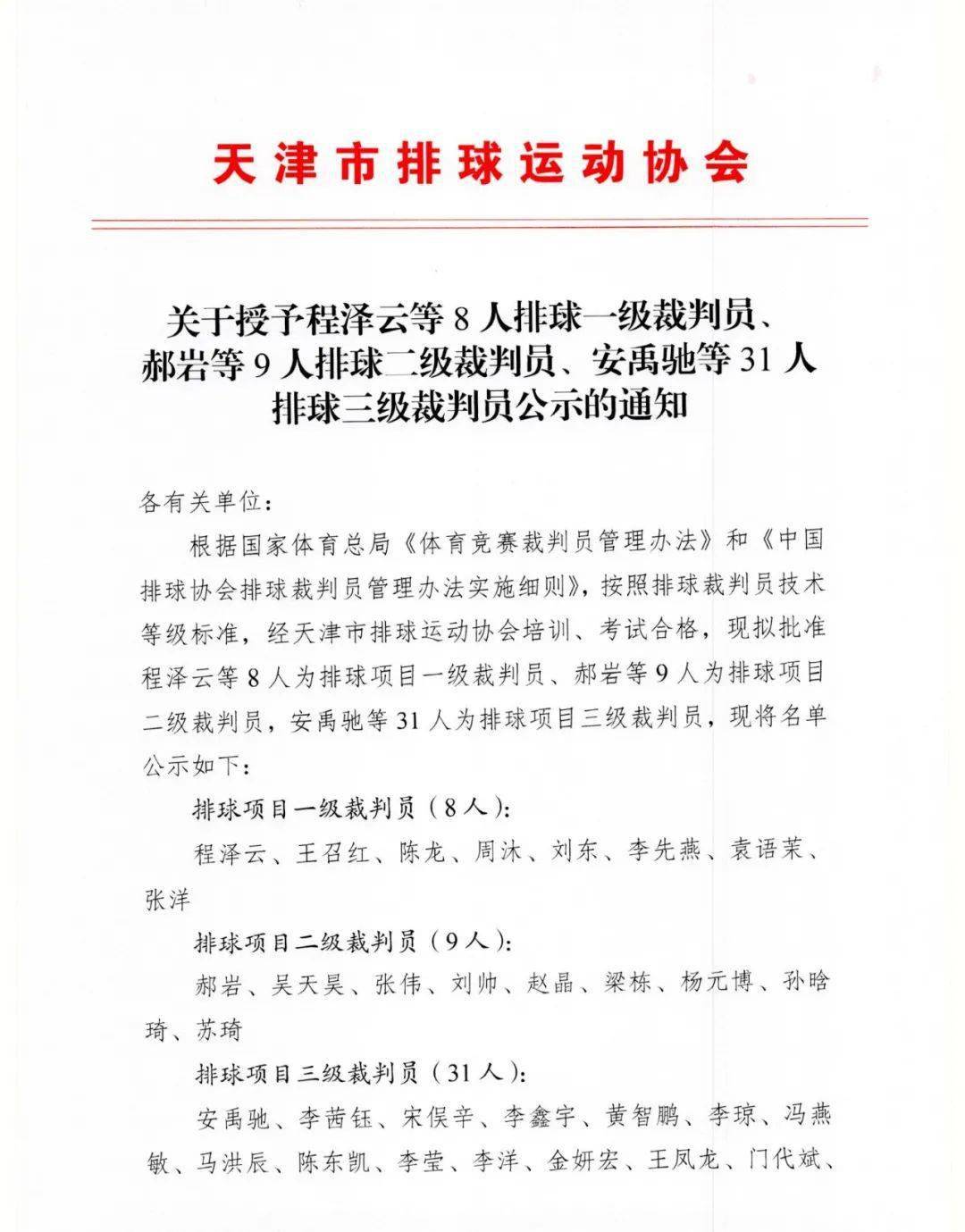 关于授予程泽云等8人排球一级裁判员,郝岩等9人排球二级裁判员,安禹驰