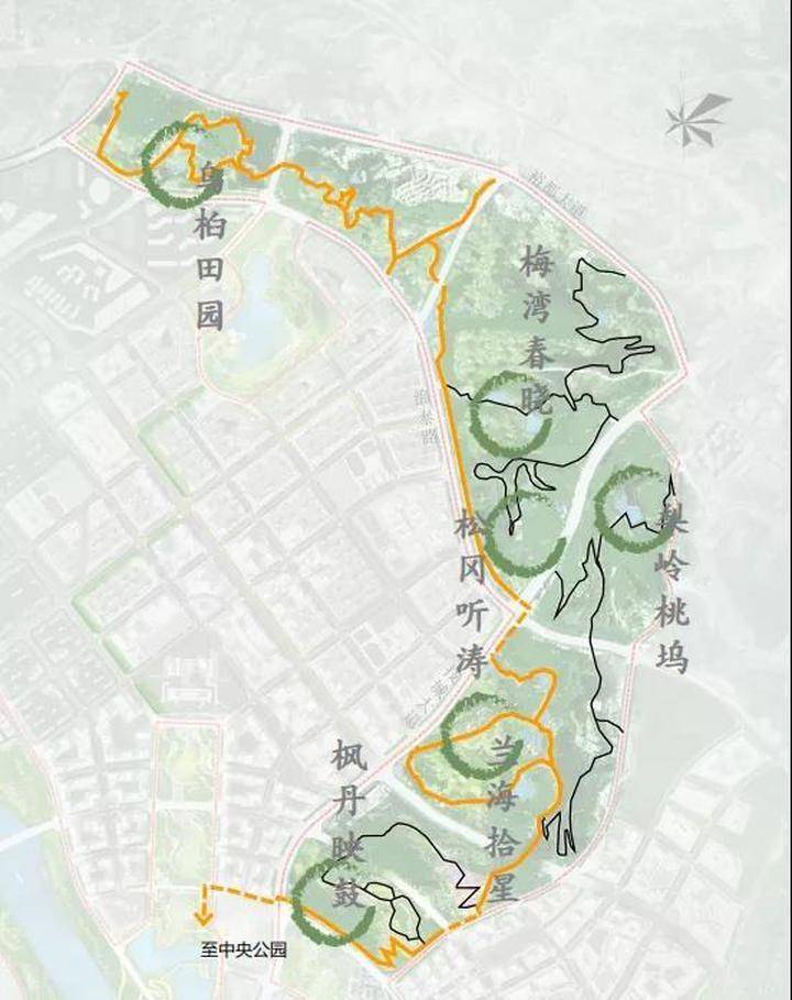 斑块■ 基质围绕科技湖和金钟湖两个水体核心,延伸出中央公园轴线
