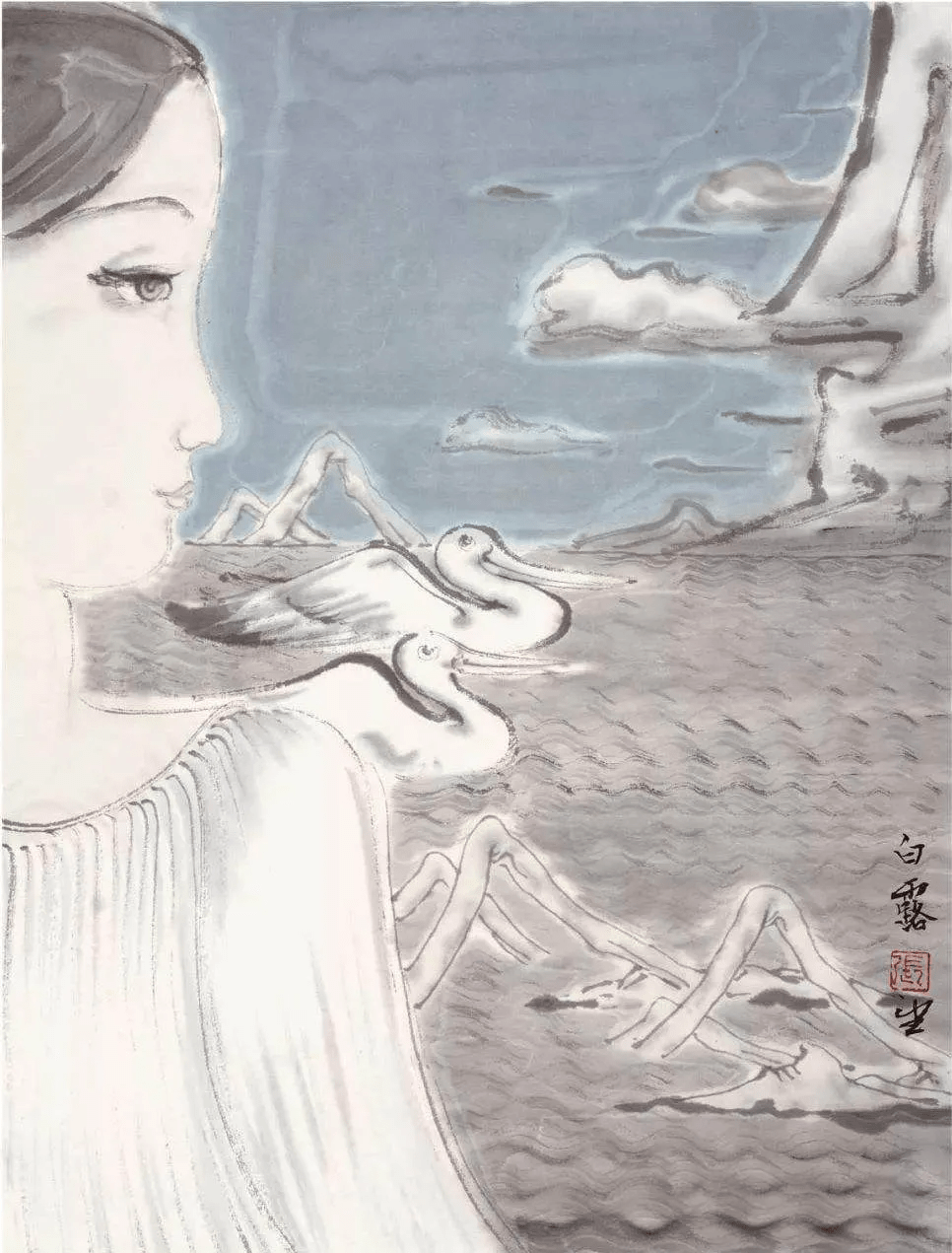 张望水墨人物画图片