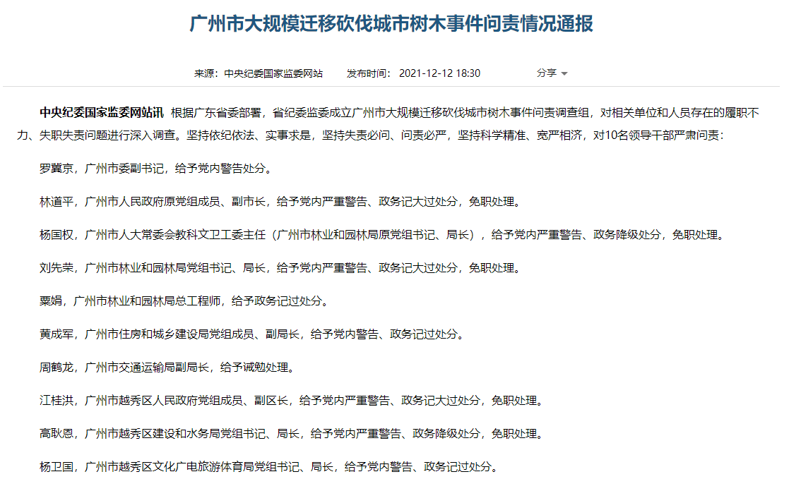 12月12日晚,中央纪委国家监委网站发布《广州市大规模迁移砍伐城市