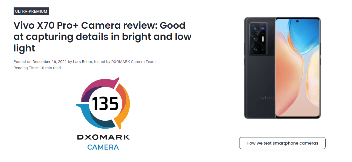 DXOMark|DXOMark 公布 vivo X70 Pro+ 相机评分：得分 135 分，排名第七