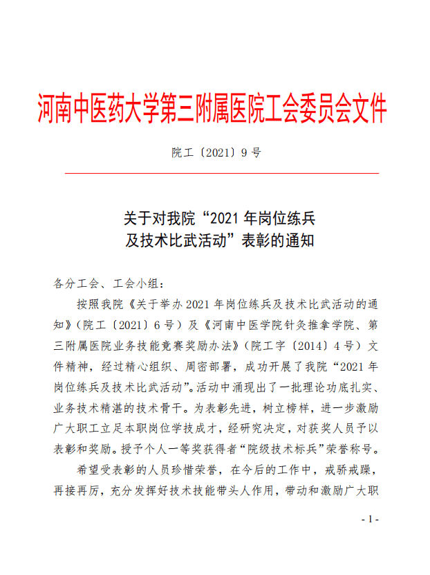 我院2021年崗位練兵及技術比武活動表彰的通知