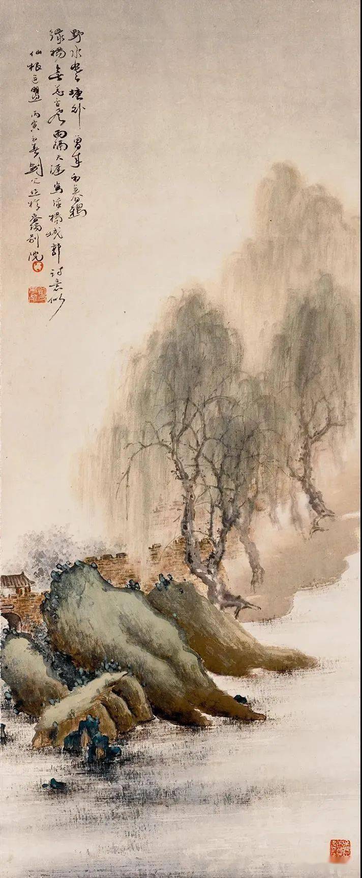 高剑父山水欣赏其作品多用水墨渲染,甩笔泼辣,时作没骨法,除树石局部