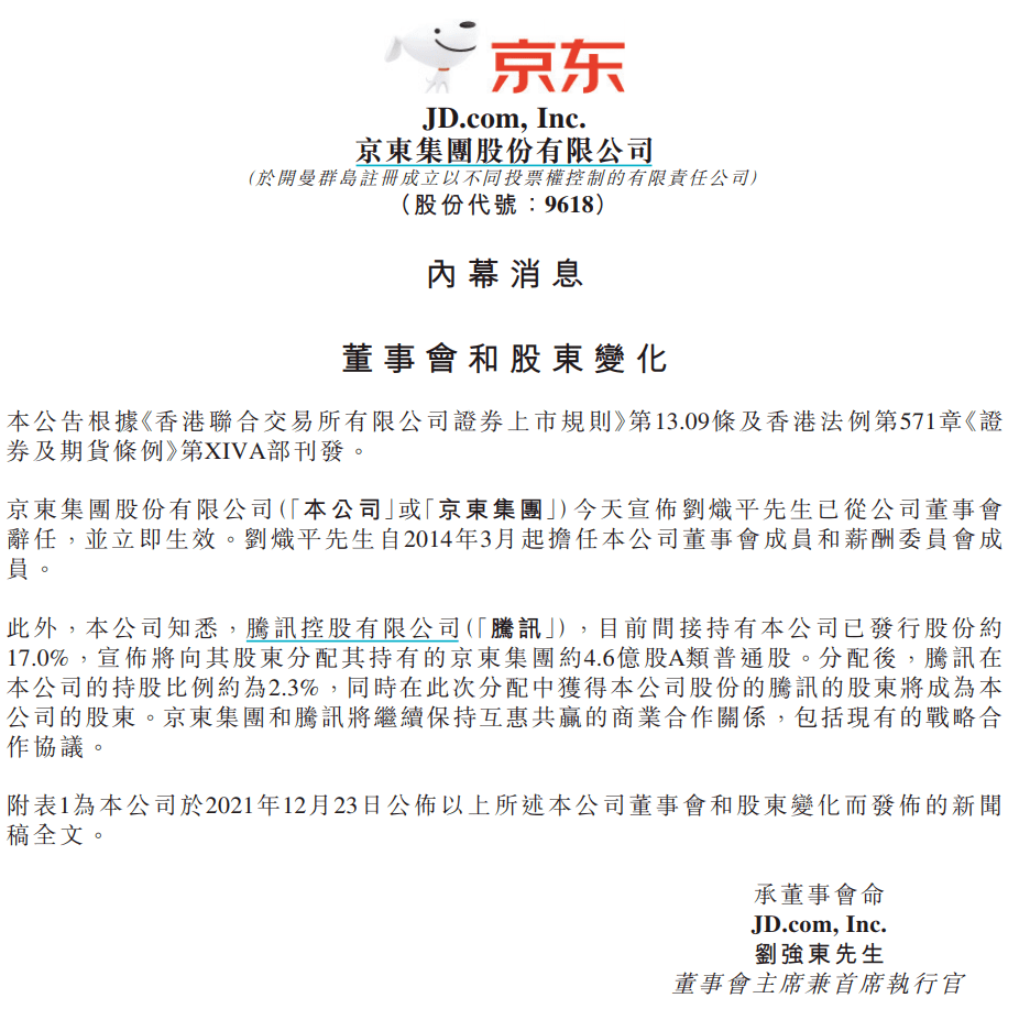 腾讯分配所持京东4.6亿股用于股东分红，腾讯京东战略合作不变_搜狐网