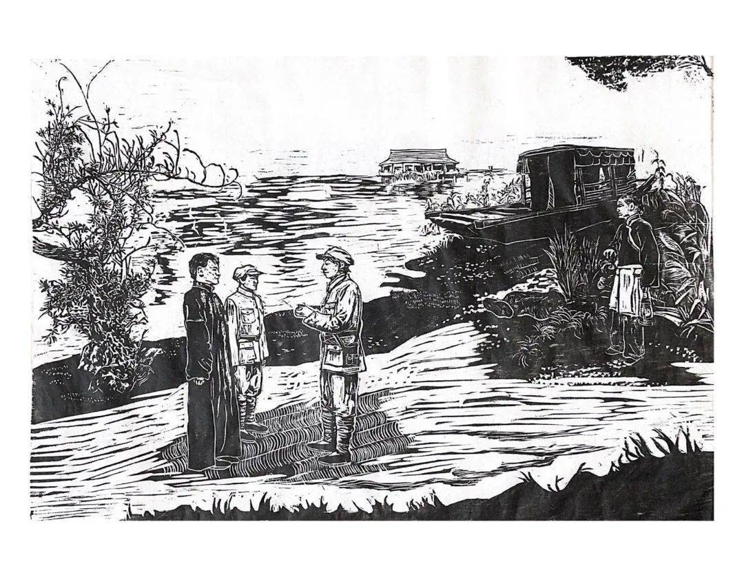 木刻版画》第三中学 徐誉珊《沙洲第一枪》梁丰小学 赵敏《党旗迎风展