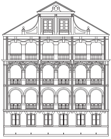 建筑南立面呈连续券柱式的对称构图,横向线条较突出(见图12).