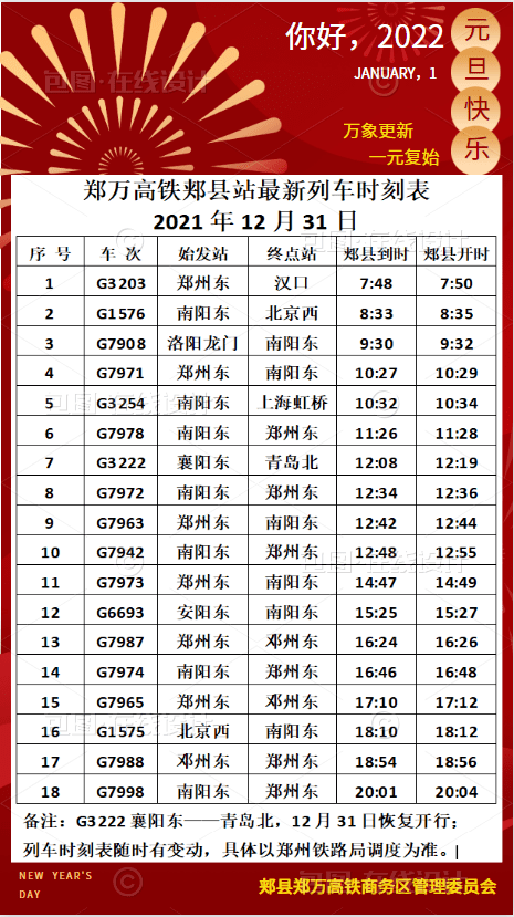 鄭萬高鐵郟縣站最新列車時刻表