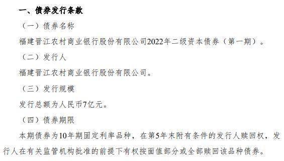 福建晋江农商银行拟发行2022年二级债 募集资金7亿元