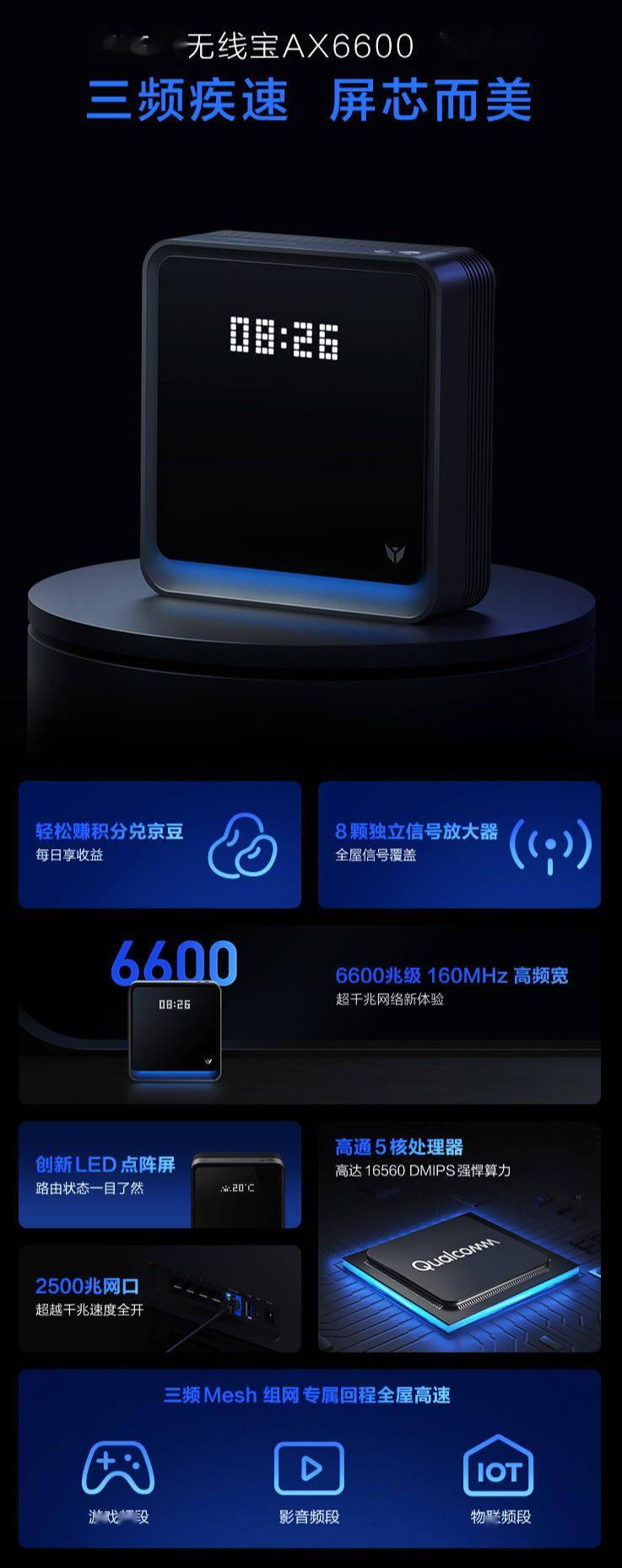 京东推出京东云无线宝 AX6600雅典娜路由器：高通5核芯片，829 元