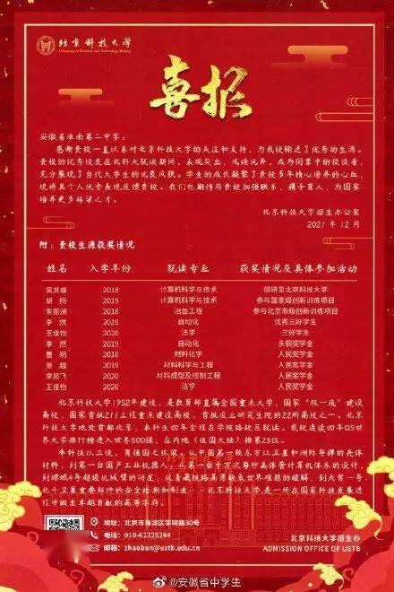 北京科技大学向淮南二中发来喜报,吴其睿,胡扬等10名同学在2021