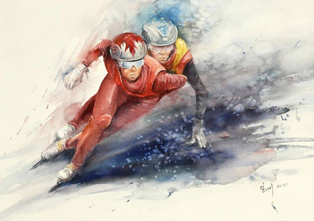滑雪赛道水彩画图片