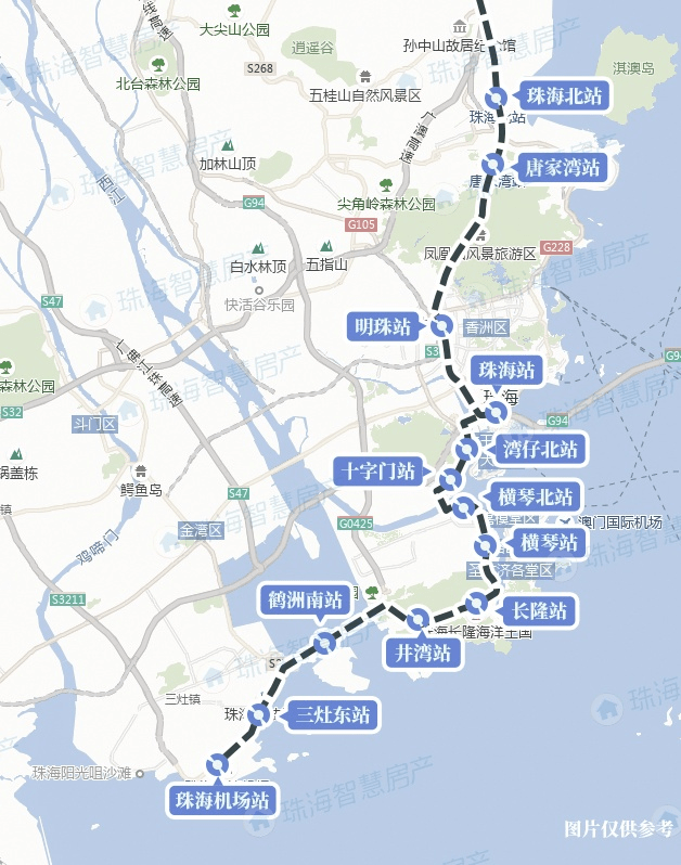 以珠海中心站(鹤州)为起点,通过广佛江珠城际及珠机城际轨道一二期