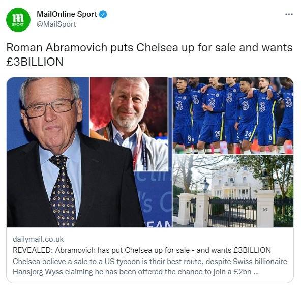 阿布|邮报：阿布已经将切尔西挂牌出售，期望获得30亿英镑