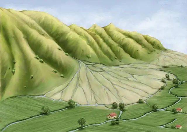 山前冲积扇一般在河流的出山口附近;三者都属于由于流水的沉积作用,但