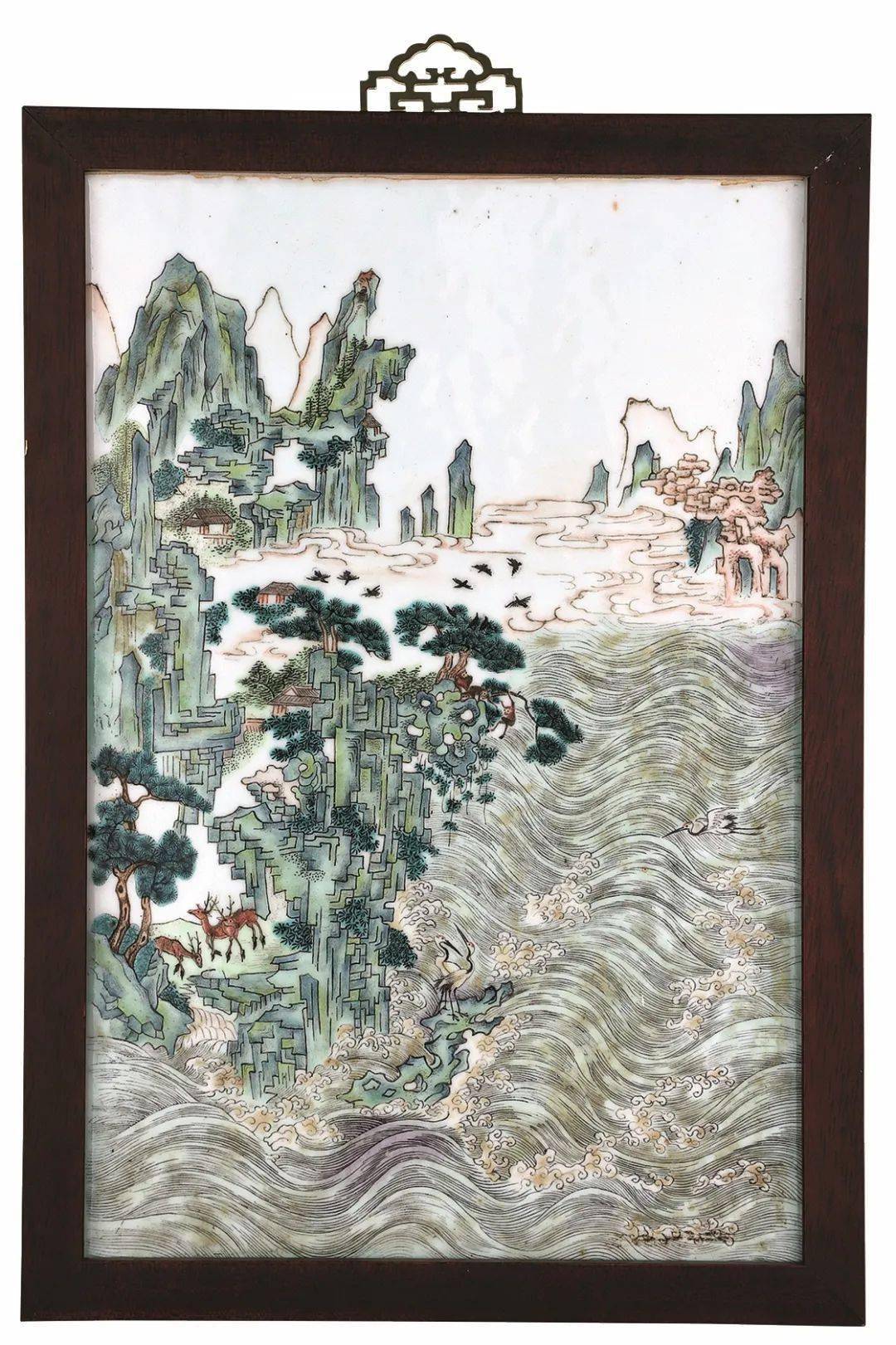no.362清 粉彩鹤鹿同春图挂屏h:42 cmw:29 cm《 收藏家大联门 》