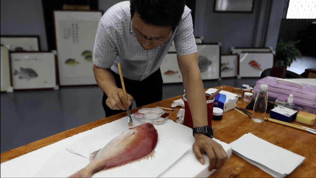 鱼拓画的 制作用纸或布吸去鱼表面多余的水分和粘液,把鱼摆成需要的