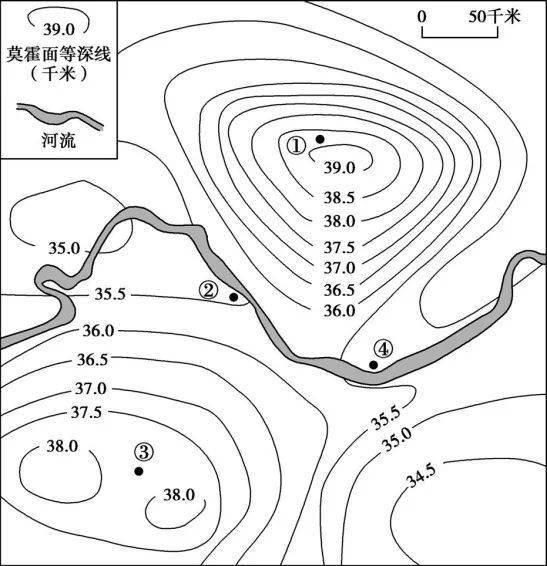 莫霍面深度不一.下图为长江中下游某区域莫霍面的等深线分布图.
