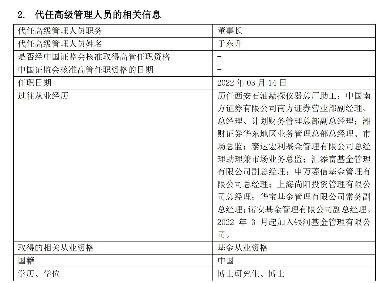 银河基金董事长刘立达离任由于东升代任